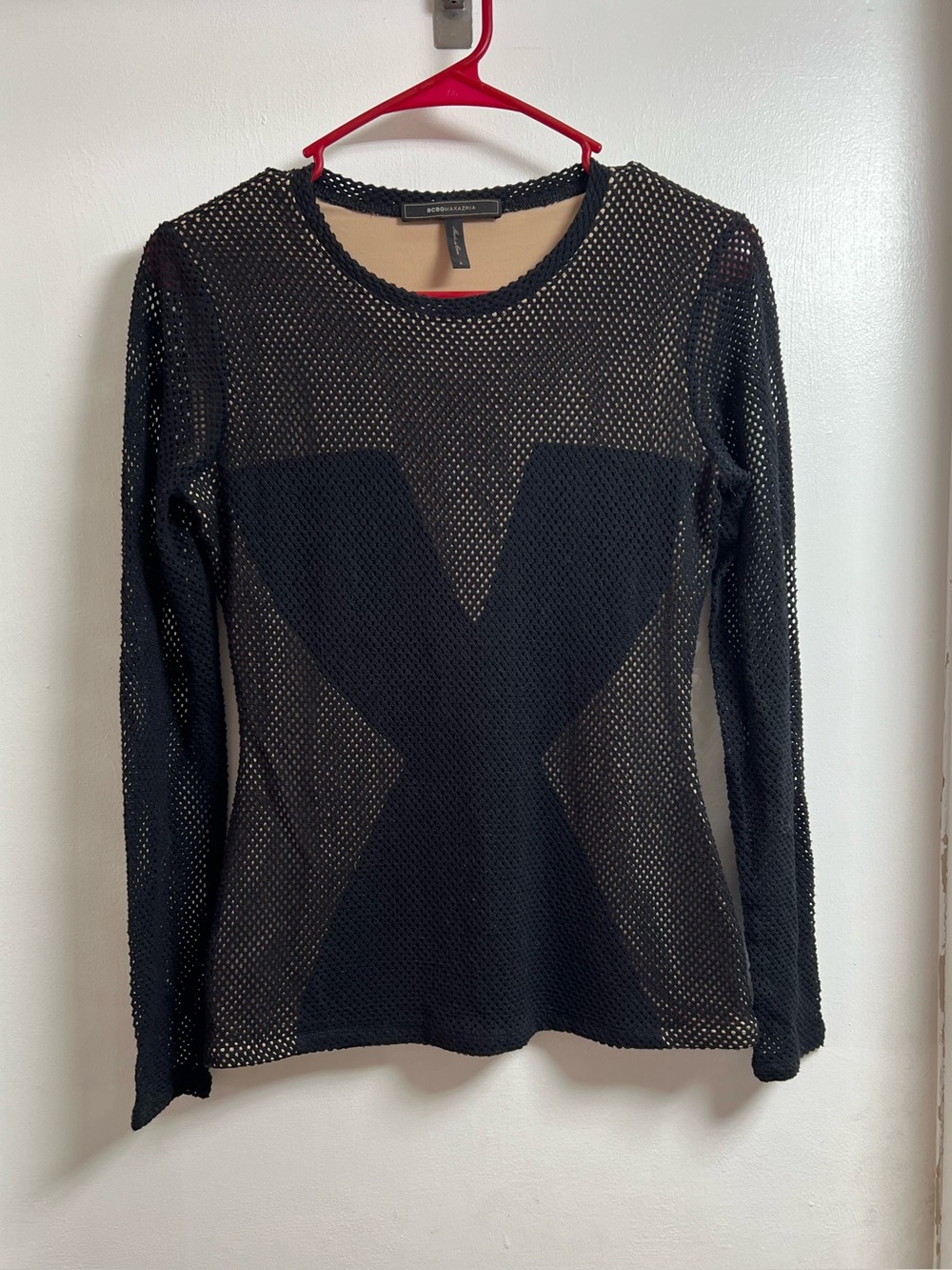 BCBGMaxAzria Black and Beige Mesh Long Sleeve Top with Geometric Panel